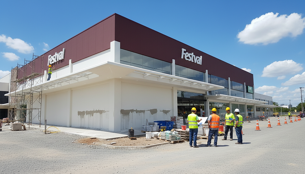 Fachada do Supermercado Festval Santa Felicidade em Curitiba, mostrando entrada principal e estrutura comercial gerenciada pela Cosmos Incorporadora.