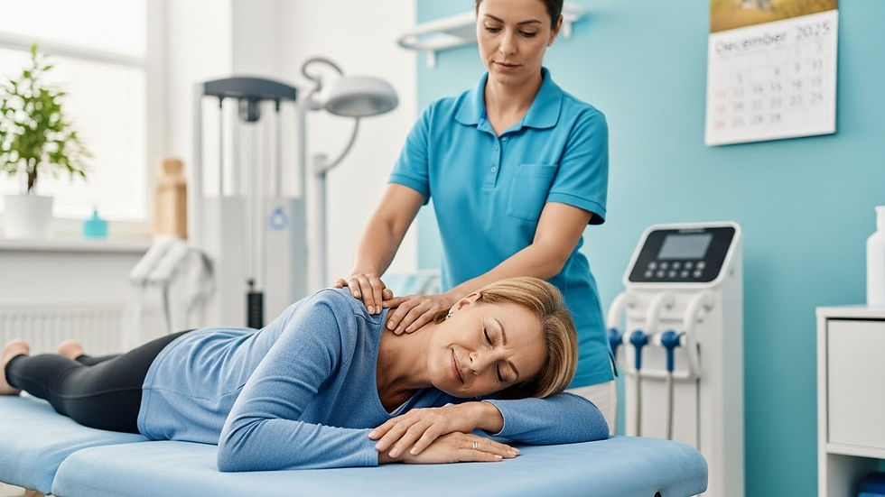 Imagem horizontal realista em 4:3 de uma mulher de meia-idade em uma clínica de fisioterapia, deitada em uma maca enquanto um terapeuta realiza terapia manual nos ombros, seu rosto expressando alívio e liberação de tensão. A sala é iluminada por luz natural suave, com equipamentos modernos ao fundo e um calendário de dezembro de 2025 na parede, simbolizando reflexão de final de ano. Paleta suave de azuis, verdes e brancos transmitindo paz, cura e renovação.