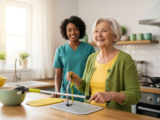 Imagem horizontal realista em 4:3 de uma idosa de 70 anos sorrindo confiante cozinhando em uma cozinha acolhedora, com ferramentas adaptadas como pegador de cabo longo e tapete antiderrapante, terapeuta ocupacional ao fundo aprovando. Luz natural suave, paleta quente de amarelos, brancos e verdes transmitindo independência, alegria e calor