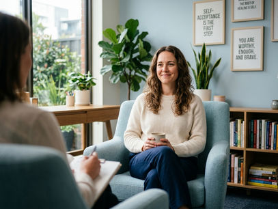 Mulher em consultório de psicologia em sessão de terapia, com expressão de paz e autoaceitação, representando reconstrução de autoestima e confiança.