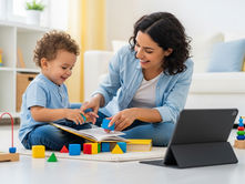 Imagem horizontal realista em 4:3 de uma criança de 2 anos brincando no chão com blocos e livros junto com a mãe, interagindo felizes. Um tablet desligado ao lado, simbolizando redução de telas e estímulo à linguagem. Ambiente acolhedor com paleta pastel transmitindo desenvolvimento saudável.