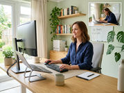 Imagem horizontal realista em 4:3 de uma mulher trabalhando em home office ergonômico com postura correta, monitor na altura dos olhos e ambiente organizado, transmitindo saúde e produtividade. Comparação sutil com postura incorreta ao lado.