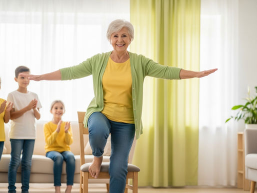 Imagem horizontal realista em 4:3 de uma idosa de 70 anos sorrindo confiante fazendo exercício de equilíbrio em uma perna com apoio em cadeira, em sala clara de casa, com netos ao fundo aplaudindo, simbolizando independência e apoio familiar. Luz natural suave, paleta quente transmitindo alegria e envelhecimento ativo.