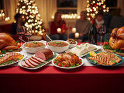 Imagem horizontal realista em 4:3 de uma mesa de ceia festiva com pratos de proteínas para Natal e Ano Novo: peru, salmão, lentilhas, lombo suíno, bacalhau, frango, tender e chester, arranjados visualmente do menos ao mais saudável. Fundo de sala aconchegante com luzes de árvore de Natal e família ao fundo desfocado. Paleta quente de vermelhos, verdes e dourados evocando celebração e saúde.