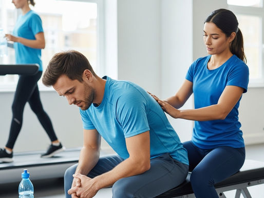 Imagem horizontal realista em 4:3 de um homem após treino recebendo fisioterapia para recuperação muscular pós-treino, com caminhada leve ao fundo, simbolizando repouso ativo e alívio da dor muscular. Paleta de azul, verde e cinza claro transmitindo recuperação e bem-estar.