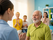 Imagem horizontal realista em 4:3 de um idoso sorrindo emocionado enquanto fala claramente para uma fonoaudióloga, com família ao fundo aplaudindo com lágrimas de alegria, simbolizando recuperação da fala pós-AVC. Luz suave, ambiente acolhedor e paleta quente transmitindo esperança e dignidade restaurada.
