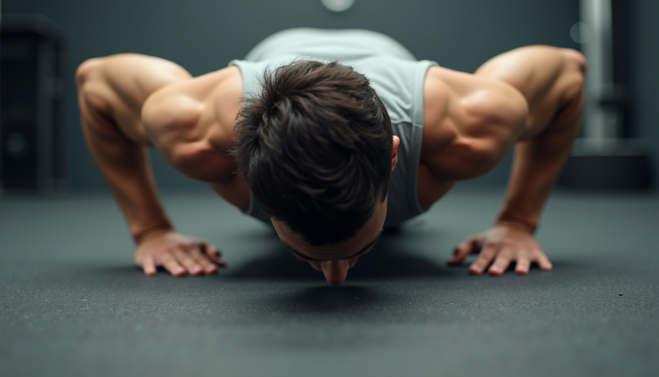 Eye-level view of a person holding a plank position showing isometric muscle contraction