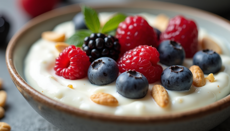 Close-up view of a bowl of creamy Greek yoghurt topped with fresh berries and nuts