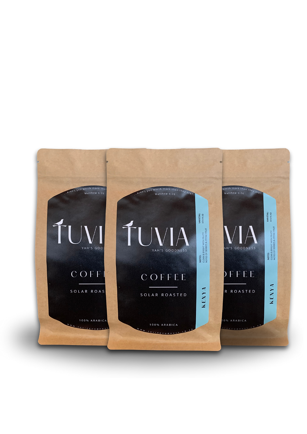 Three bags of Tuvia Coffee's Kenya Ab, Solar Roasted and freshly packaged offering premium coffee from South Africa