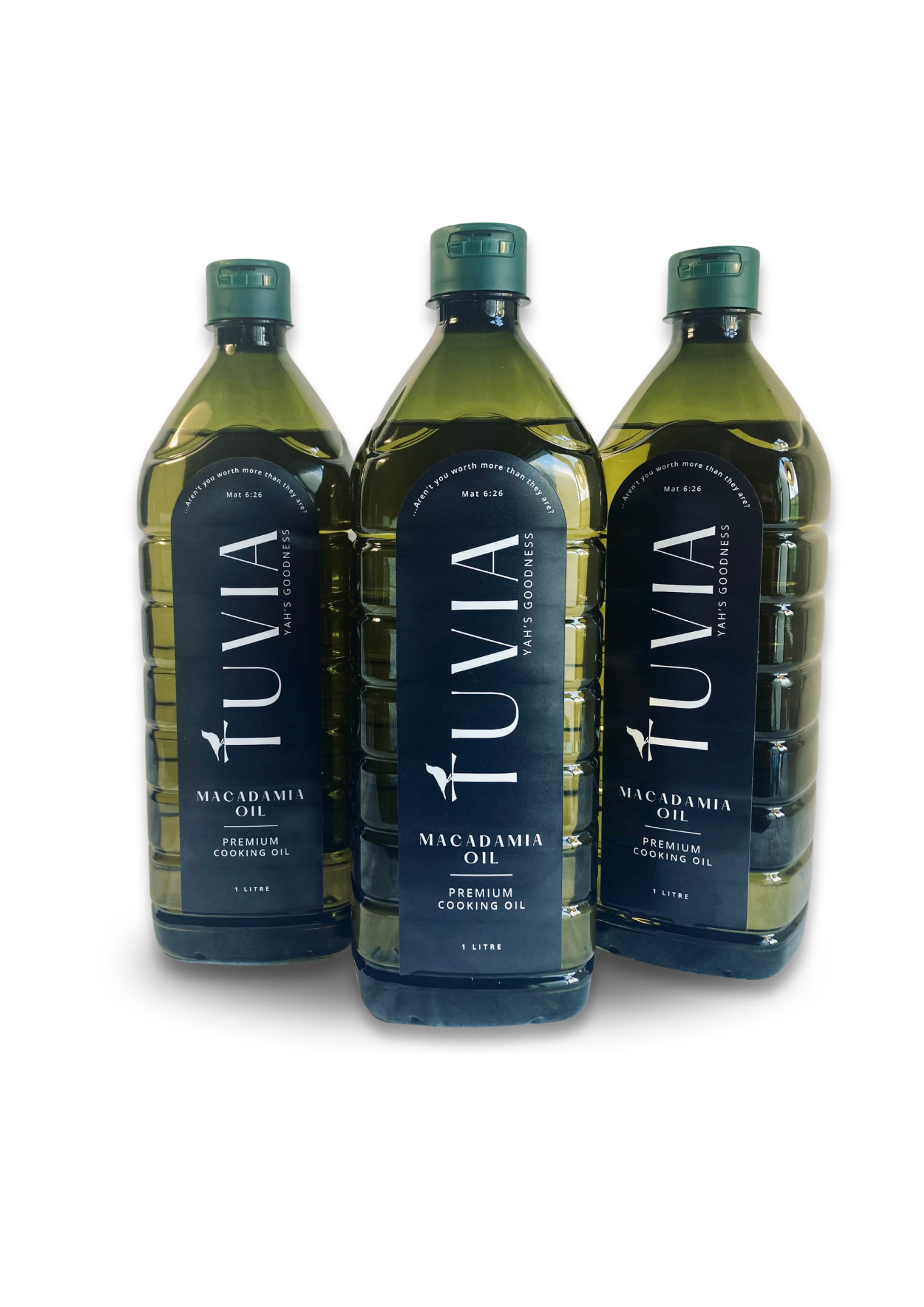 A display of three bottles of our premium Macadamia Oil. Ideal for those who love to cook, providing a gourmet touch