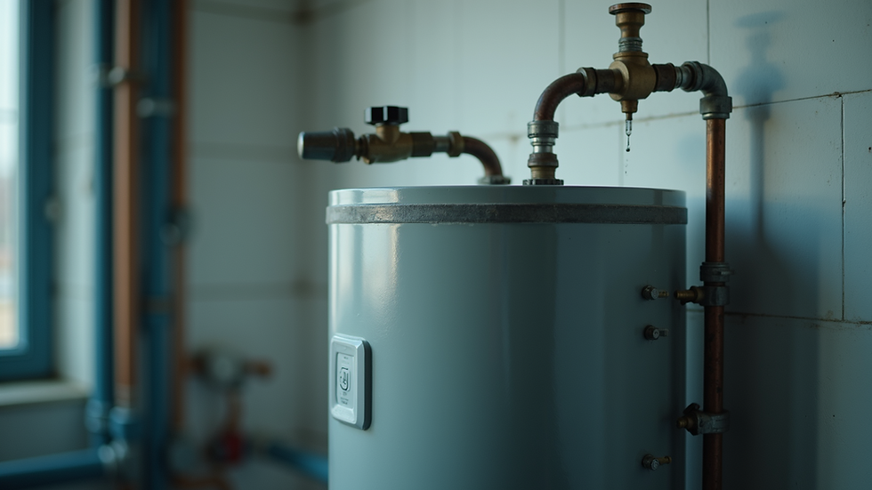 Close-up view of a water heater tank with visible pipes and valves