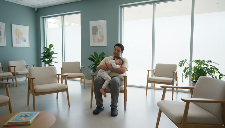 Wide-angle view of a parent comforting a child in a paediatric waiting area