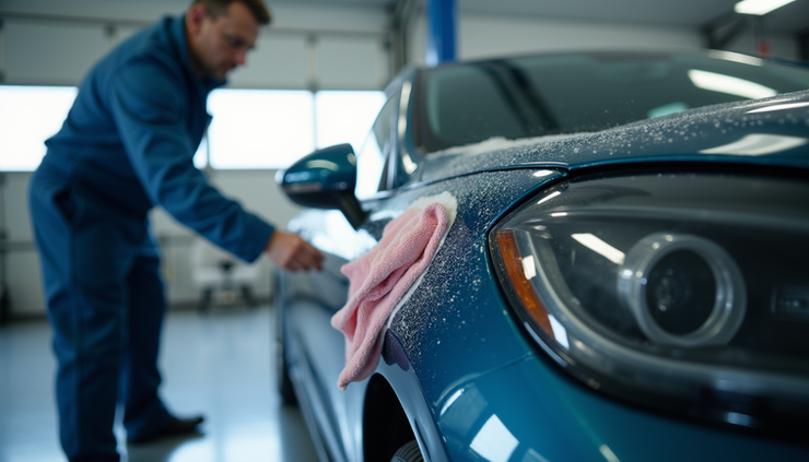 Eye-level view of a technician drying a car with microfiber towels