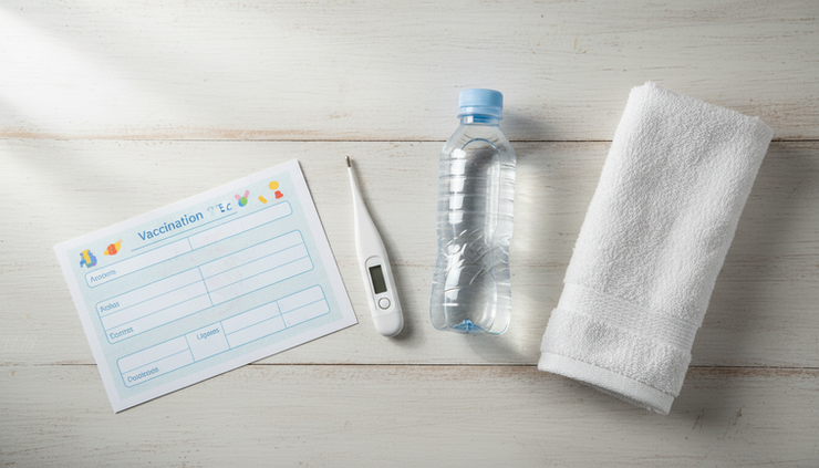Overhead view of a child’s health items arranged beside a vaccination card
