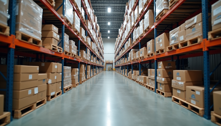 Eye-level view of a large warehouse aisle with organized shelves and pallets