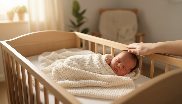 Eye-level view of a newborn baby wrapped in a soft blanket beside a caregiver.