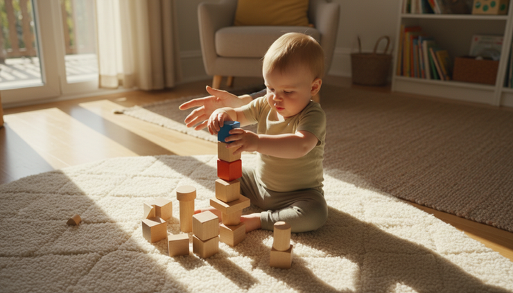 Overhead view of a toddler stacking wooden blocks on a soft mat.