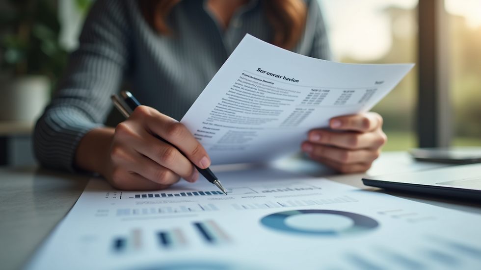 Eye-level view of a person reviewing financial documents on a table