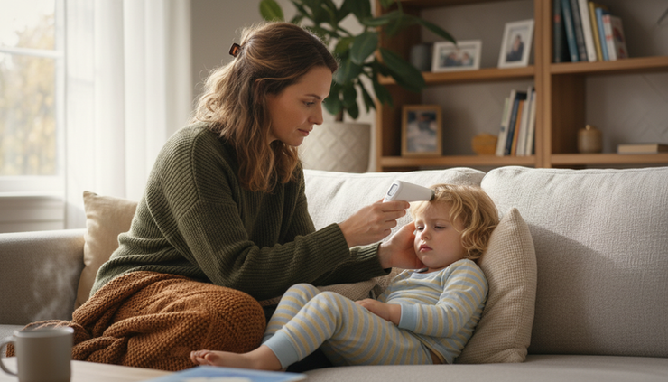 Eye-level view of a parent checking a child’s temperature at home