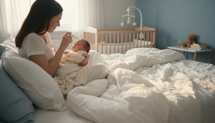 Wide-angle view of a caregiver checking a baby’s temperature in a calm bedroom.