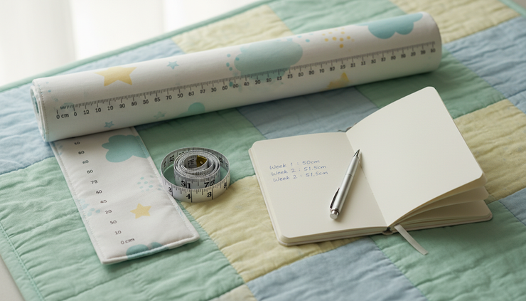 Close-up view of a baby growth chart and a small measuring tape on a soft blanket.