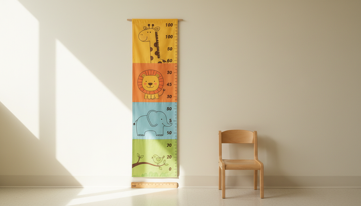 Eye-level view of a colourful height chart on a clinic wall.