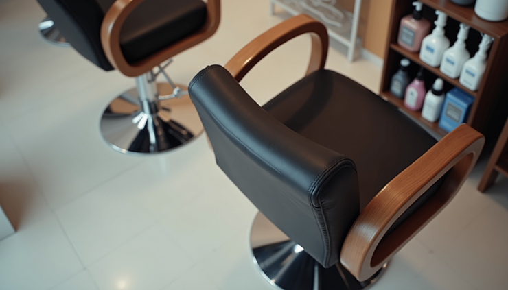 High angle view of a salon chair and hair color products arranged neatly