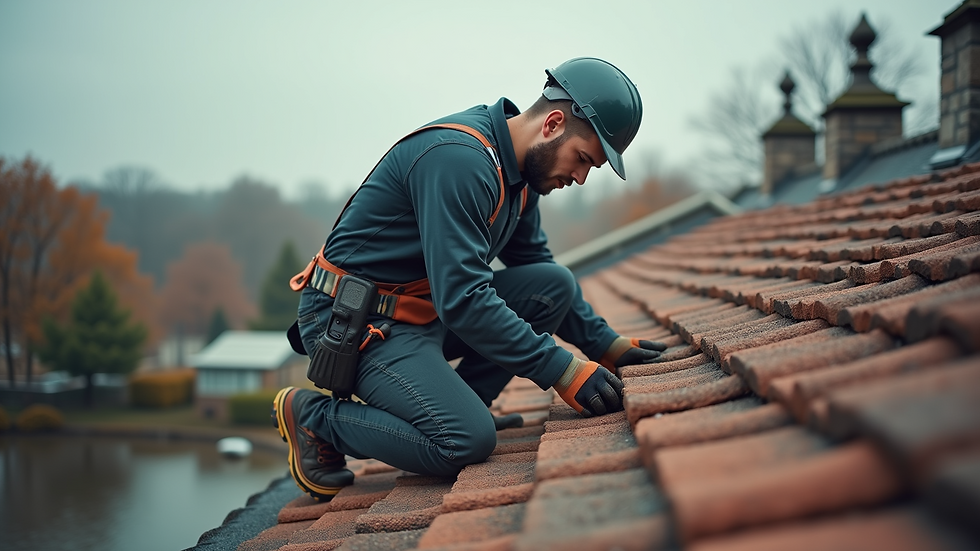 High angle view of a handyman inspecting a roof