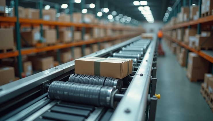 High angle view of automated conveyor system moving packages in a warehouse