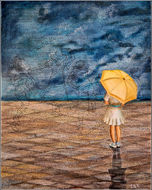 Jeune femme vue de dos sous un parapluie jaune regarde trois silhouettes faites avec des mots qui dansent