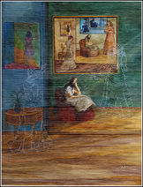 une jeune fille assise dans un fauteuil rêvasse, deux silhouettes de femmes en lignes l'entourent et la regardent. Un tableau derrière elle montre la même scène