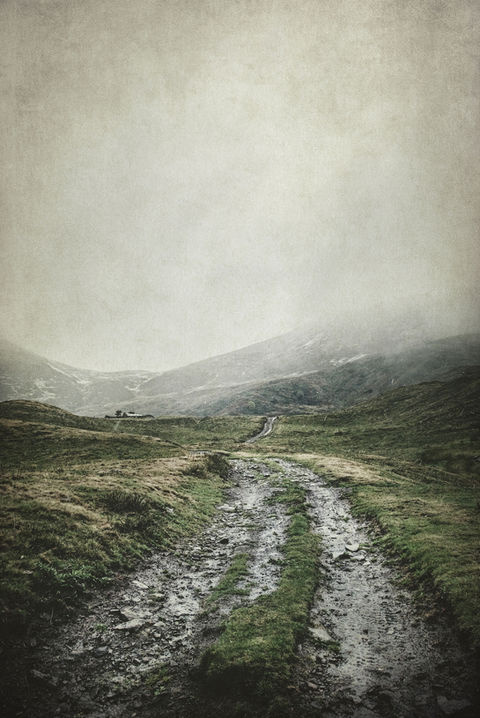Photograph of moody track leading towards mountains