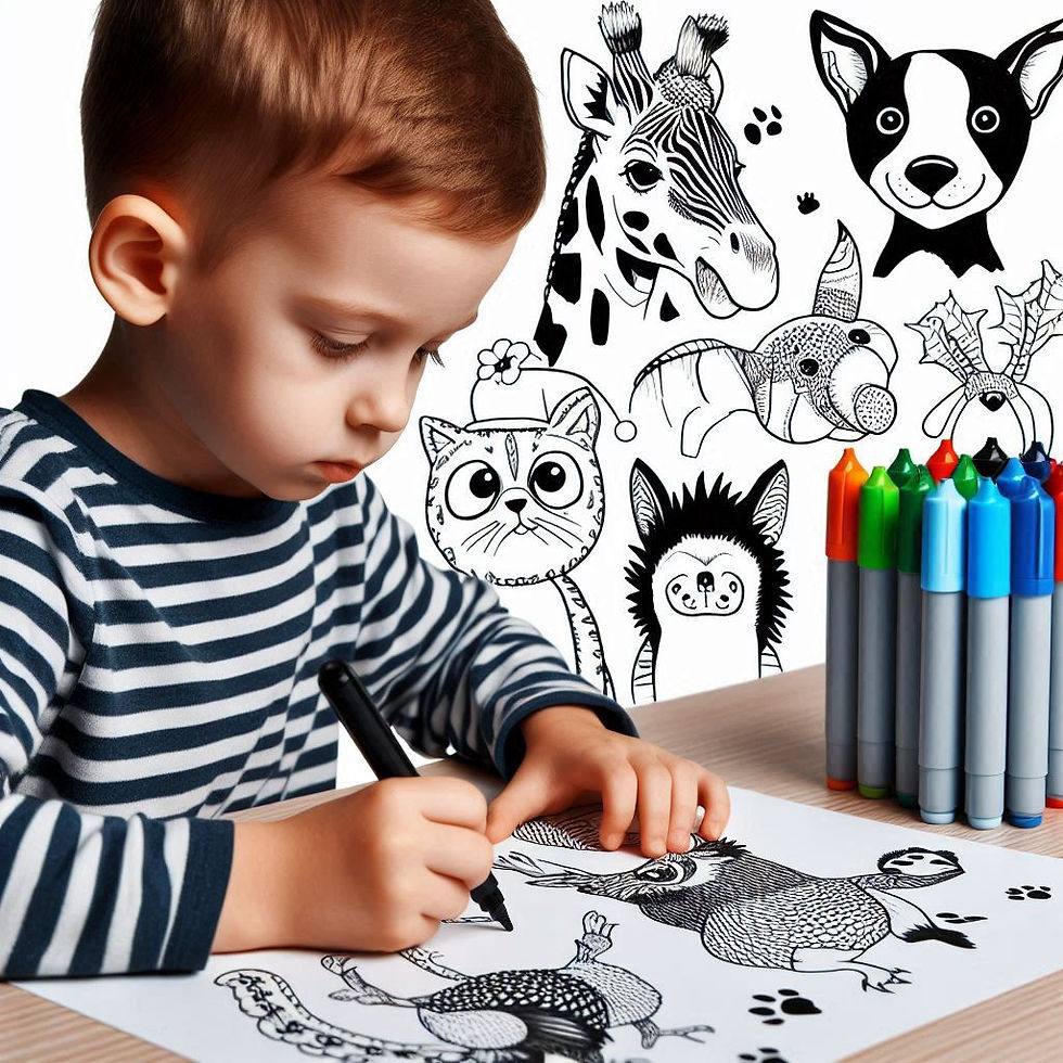 Criança feliz desenhando com lápis de cor em uma mesa.