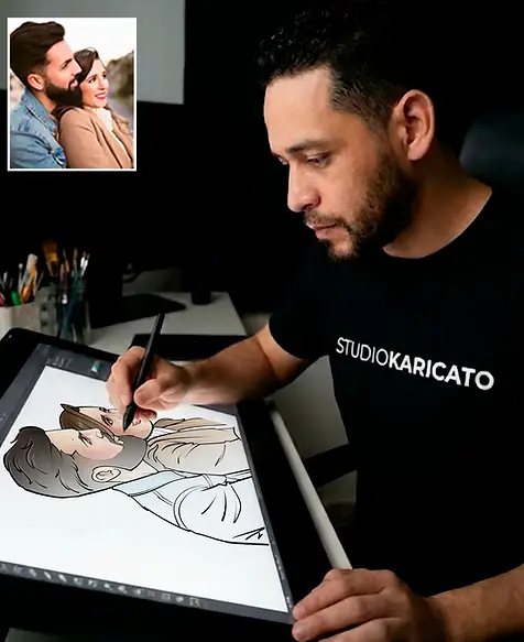 desenhista de caricatura iniciando um novo desenho a partir de foto