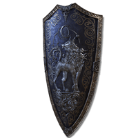 A finely-made "blueshield" featuring an engraving of a wolf under the moon. Excels at fending off sorceries. The wolf is the beast of the Carian royal covenant; a symbol of the moon's pride that none can forget, no matter what remote lands they may arrive in.