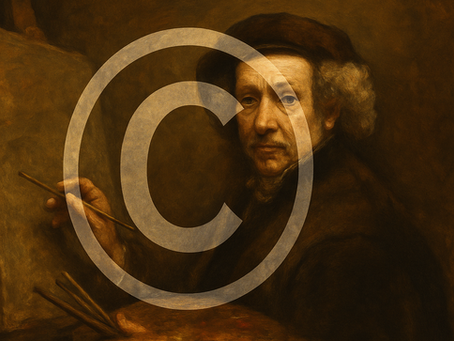 An AI-generated painting in the style of Rembrandt with the copyright symbol as a watermark