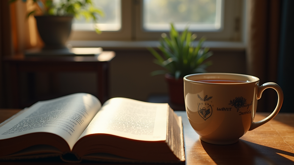 Eye-level view of a cozy reading nook with a mystery book and a cup of tea
