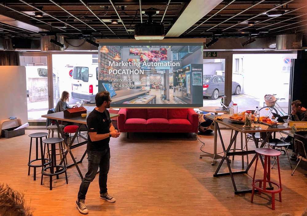 We presented the business vision and product need at the Pocathon kickoff in La Werkstadt (coworking space founded by Swisscom) to set the context. We were looking for a marketing automation engine for a large enterprise.