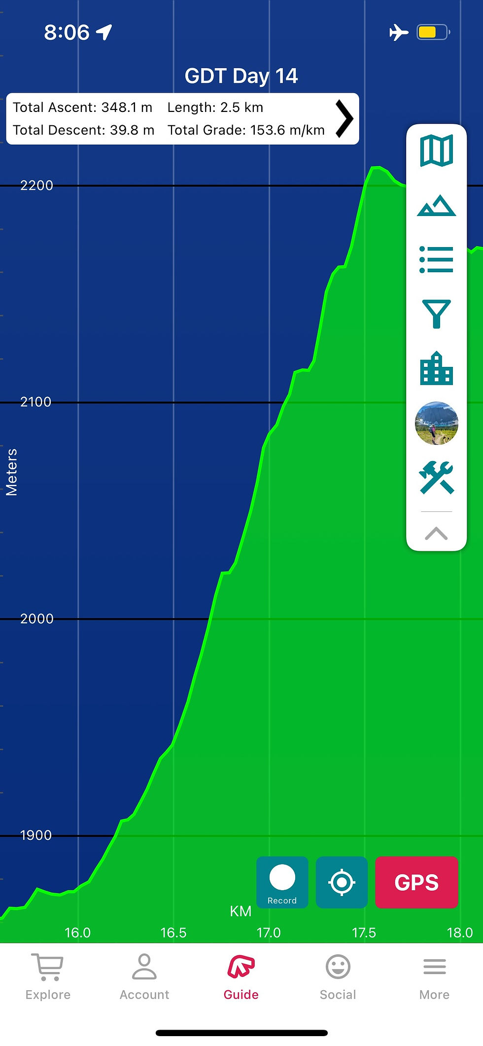 A screenshot of the FarOut app showing a steep hiking trip