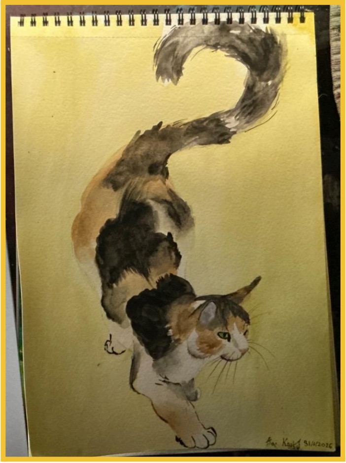 Sai’s watercolour of a cat showcases perfect shading, delicate attention to detail, and impressive emotional depth, capturing the softness of fur, subtle play of light, and texture.