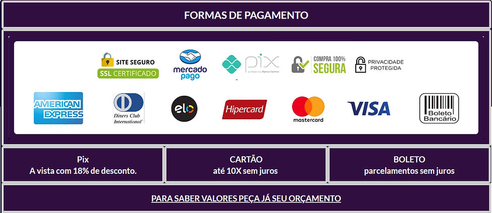 formas de pagamento, favor solicitar o orçamento para saber valores