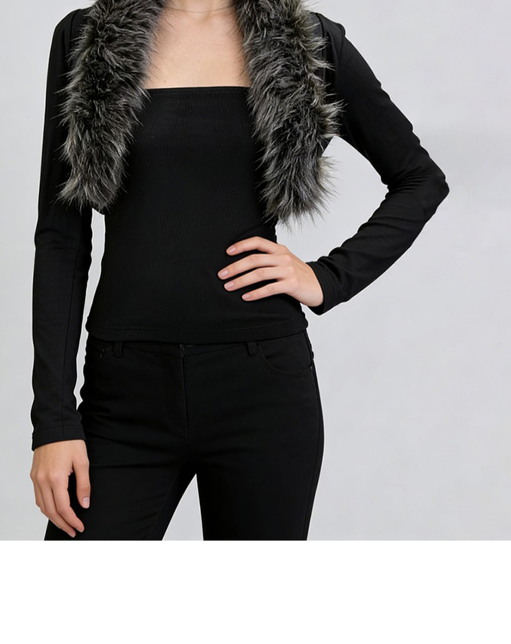 Black Fur Collar Two Piece Sets, Turn Down Collar Polyester Jacket for Black Fur Collar Two Piece Sets, Turn Down Collar Polyester Jacket view 2