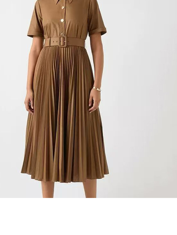 Midi Dress, Solid, Folds Decoration, Polyester Woven, Turn Down Collar for Midi Dress, Solid, Folds Decoration, Polyester Woven, Turn Down Collar view 2