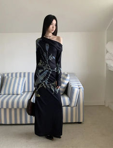 Off Shoulder Floral Dress, Dark Blue Mesh Knit, A-Line Polyester