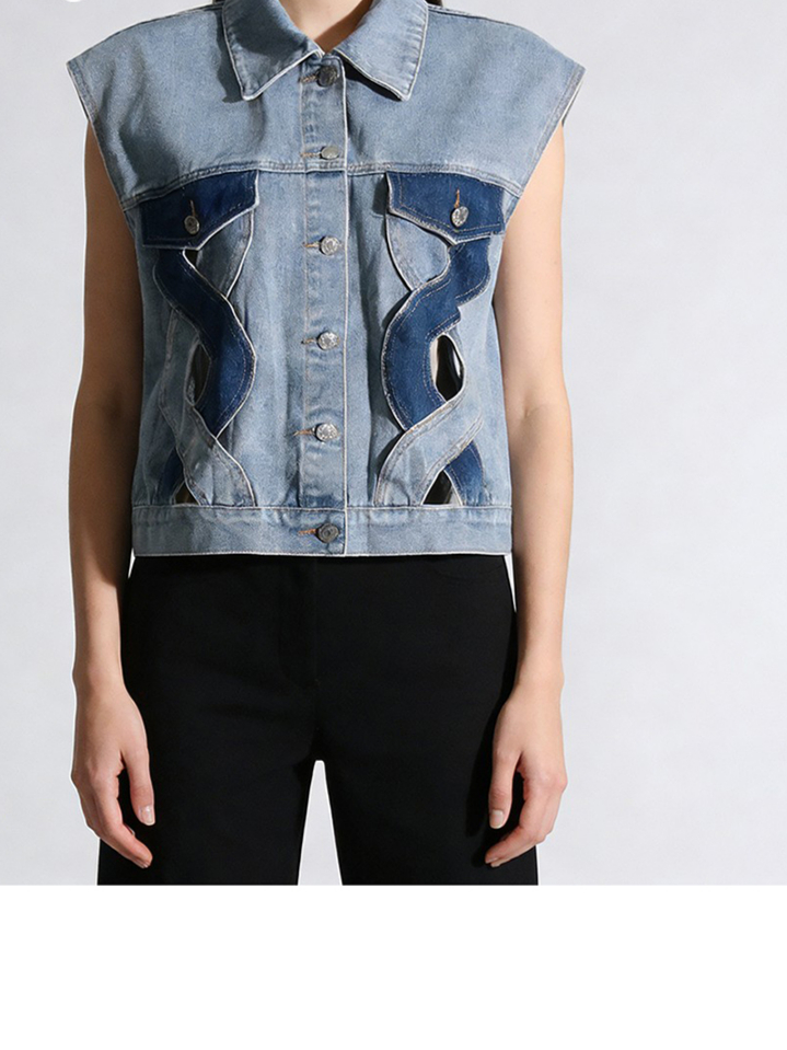 Cowboy Vest, Hollow Out Sleeveless Outerwear, Turn Down Collar, Polyester for Cowboy Vest, Hollow Out Sleeveless Outerwear, Turn Down Collar, Polyester view 2