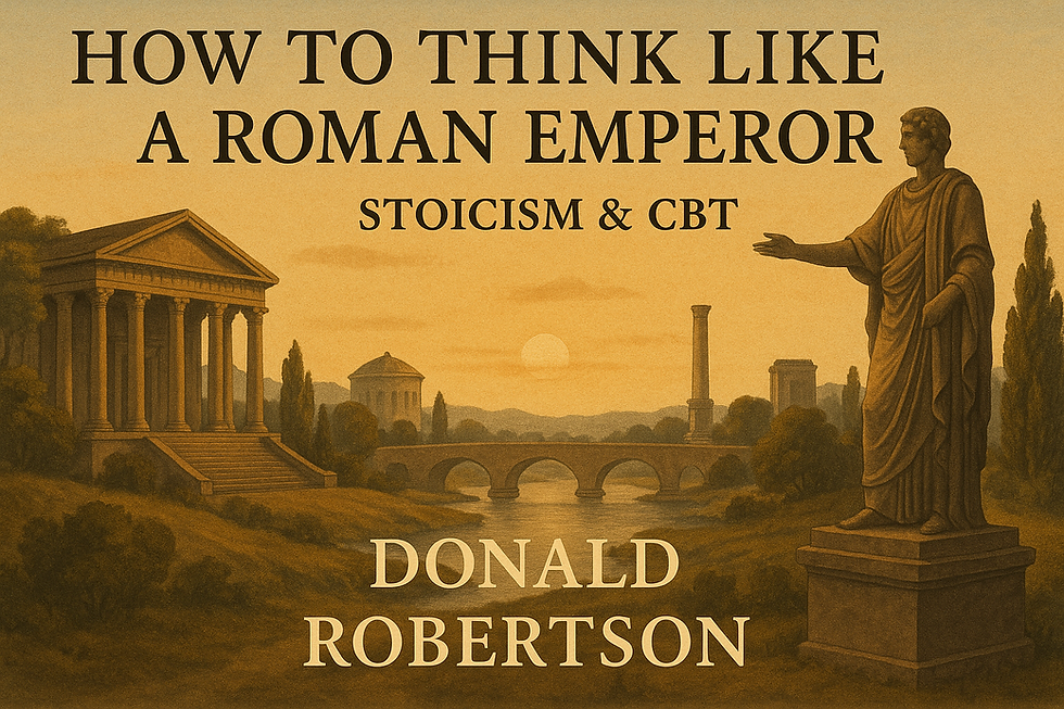 A landscape-style book cover for How to Think Like a Roman Emperor by Donald Robertson. The image depicts a serene Roman landscape at sunset with a marble statue of a Roman emperor in the foreground, an ancient temple and flowing river in the midground, and golden hills in the distance under a warm, glowing