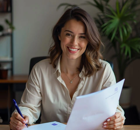 Mulher sorridente com cabelos castanhos ondulados, usando uma camisa bege clara, segurando uma folha de papel com uma mão e uma caneta com a outra. Ela está sentada em uma mesa de escritório com plantas ao fundo, transmitindo um ambiente profissional e acolhedor.