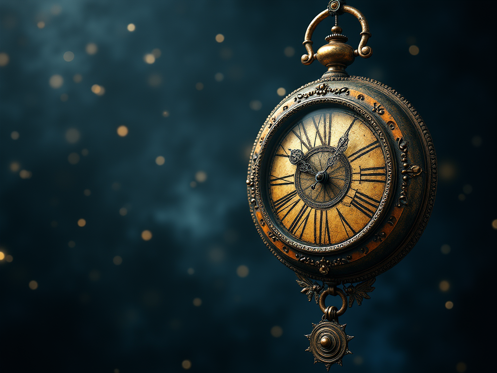 A mystical clock mechanism with floating gears set against a starry cosmic background.