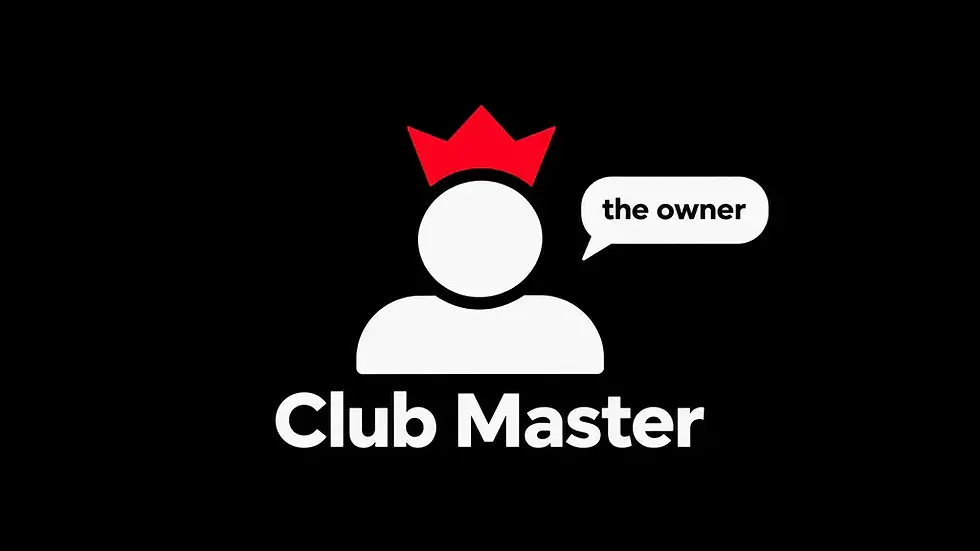 White crowned avatar on black background with speech bubble saying the owner above Club Master text
