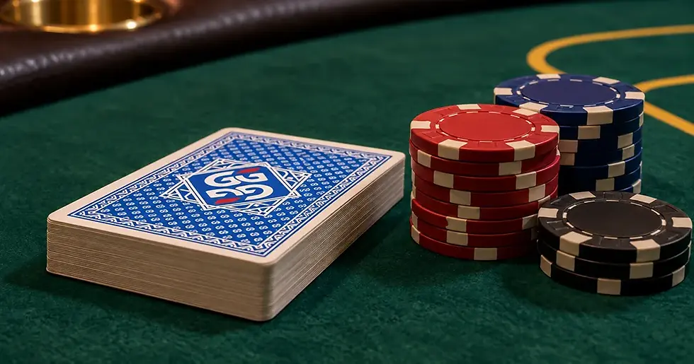 Playing cards and stacks of red, blue, and black poker chips on a green casino felt table, with a GG card back.